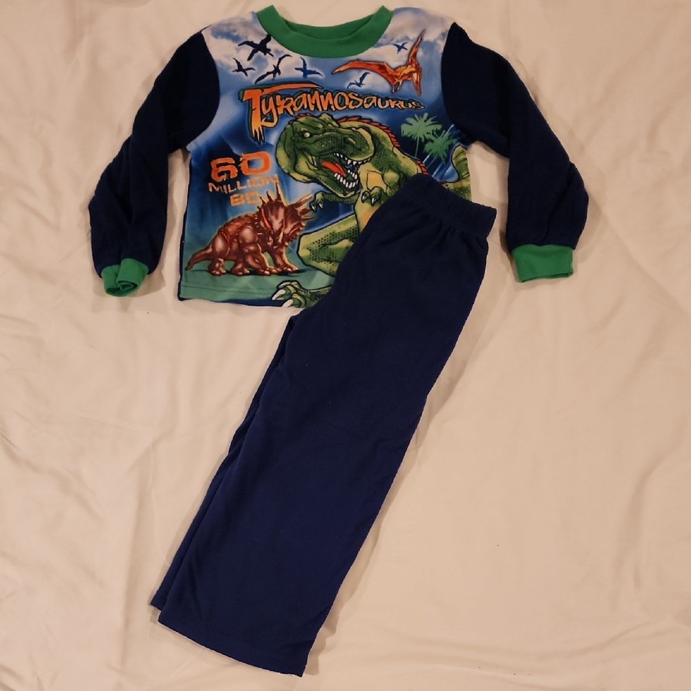 Kids Blue & Green Dinosaur Pajama Set - Tyrannosaurus. Size 4/5